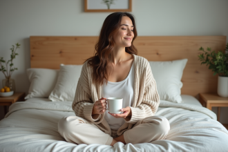 Femme en pyjamas détendue buvant une tisane dans la chambre