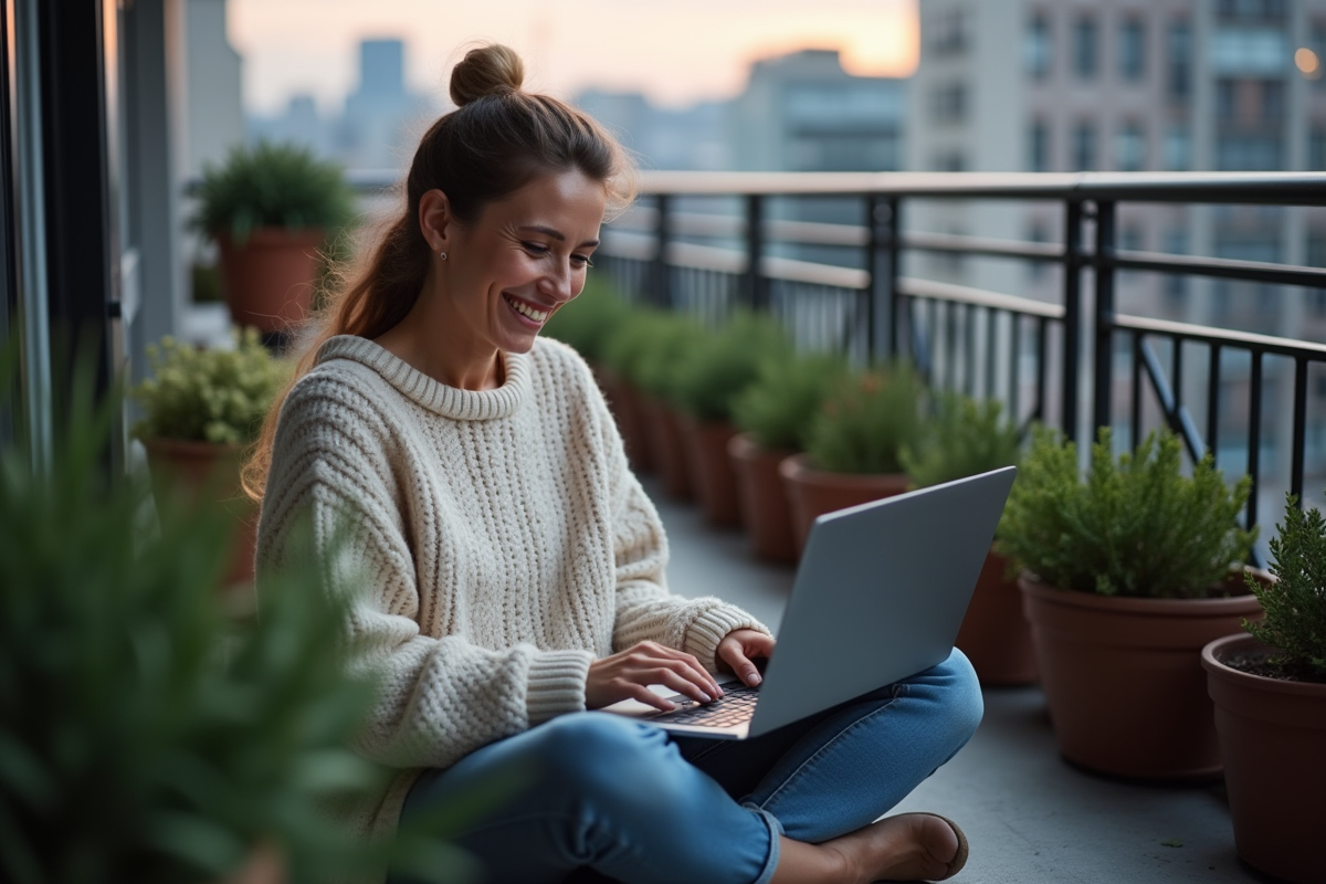 Femme sur balcon installant une application VPN