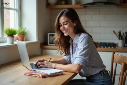 Femme souriante utilisant son ordinateur dans une cuisine chaleureuse