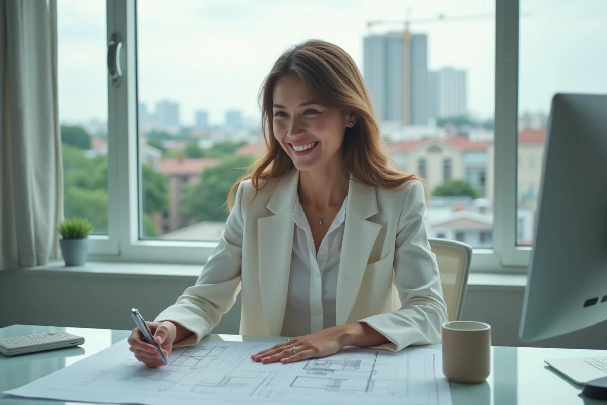 Femme au bureau avec dessins d