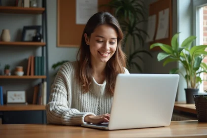 Femme souriante utilisant un ordinateur portable dans un bureau cosy