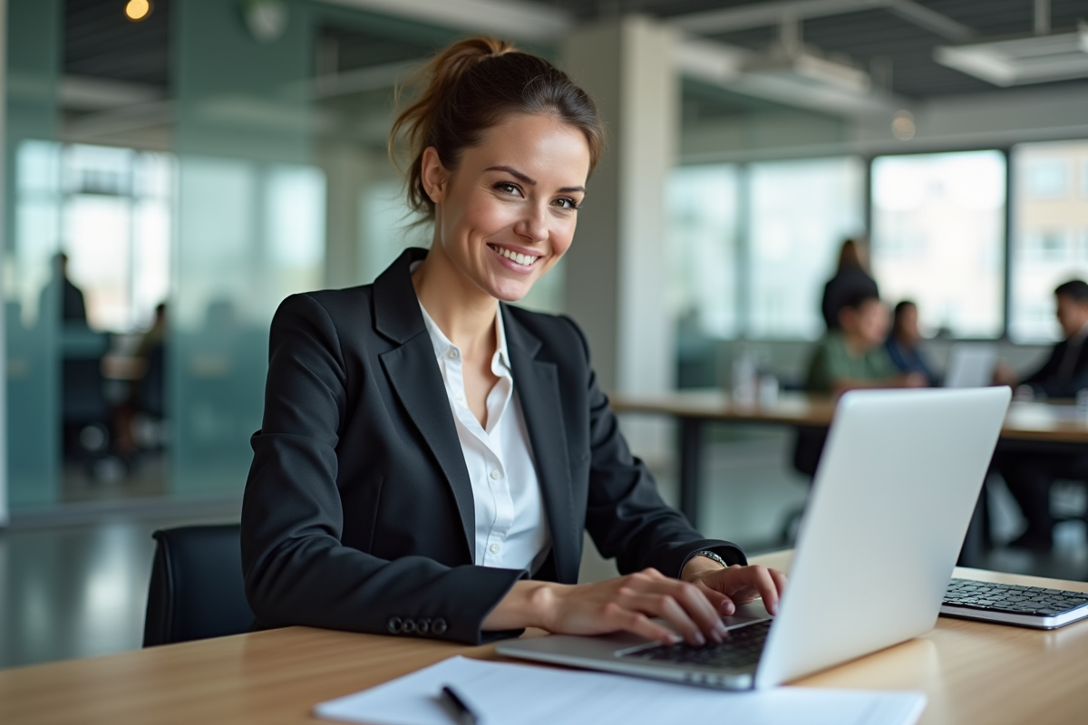 Femme d affaires concentrée sur son ordinateur dans un bureau moderne