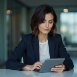 Femme en bureau moderne avec tablette et serveur quantique