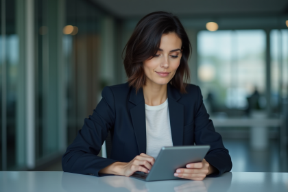 Femme en bureau moderne avec tablette et serveur quantique