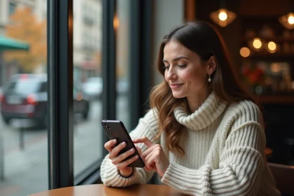 Femme pensante au café regardant l'heure 15h15