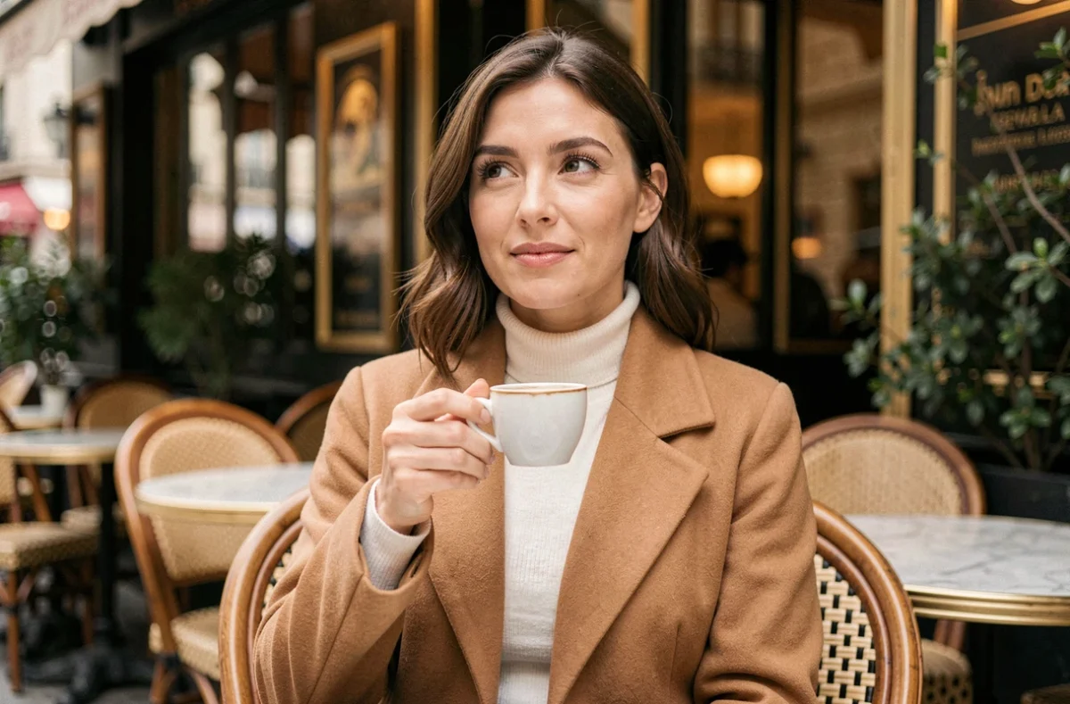 Femme distinguée en manteau camel à la terrasse d'un café parisien, image évocatrice de l'influence de la vie privée sur l'image politique publique