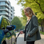 Femme d'âge moyen chargeant sa voiture électrique dans un parc urbain