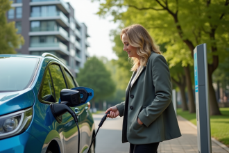 Femme d'âge moyen chargeant sa voiture électrique dans un parc urbain