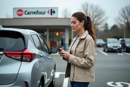Femme utilisant un code promo Carrefour Drive sur son smartphone au terminal de retrait du drive