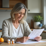 Femme méditant sur ses médicaments dans une cuisine lumineuse