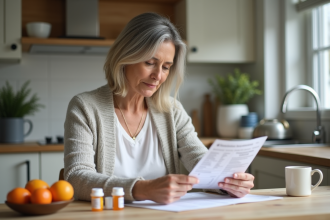 Femme méditant sur ses médicaments dans une cuisine lumineuse