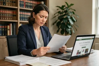 Femme consultant un site juridique sur son ordinateur portable entourée de documents légaux dans un bureau à domicile