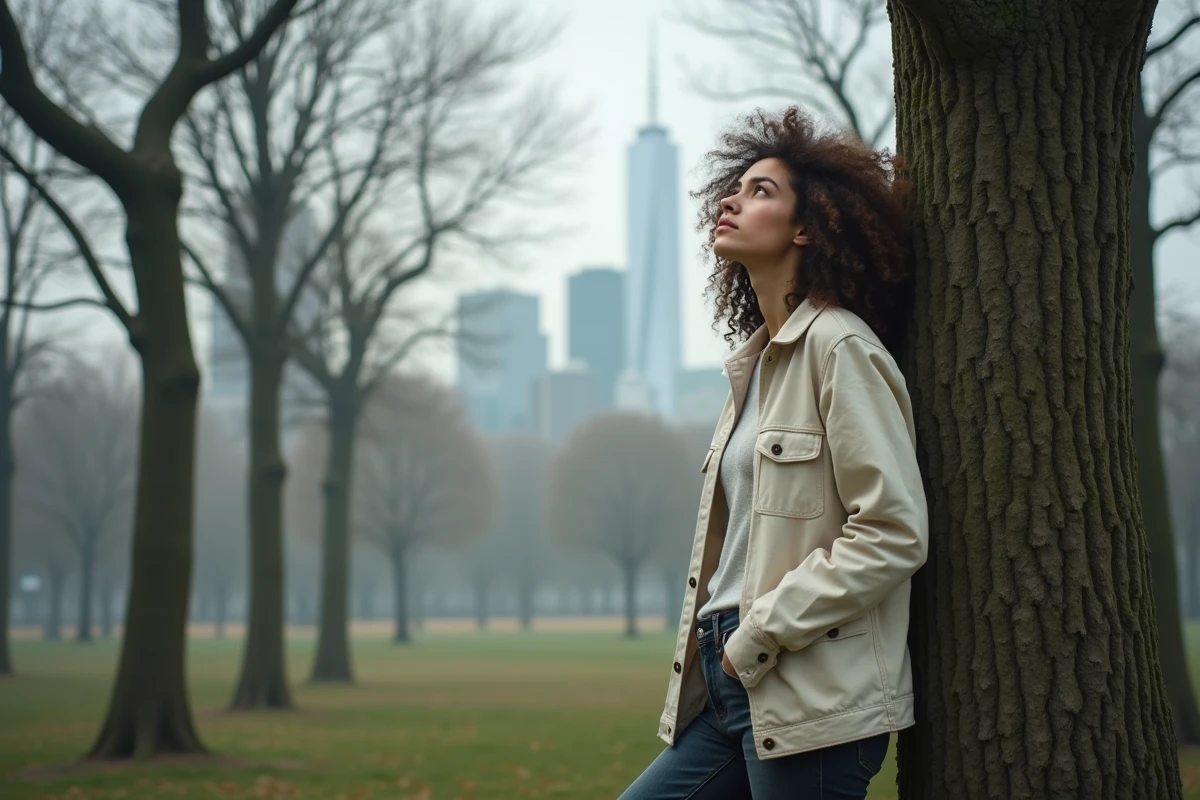 Jeune femme contemplative dans un parc urbain brumeux, symbolisant la connexion entre la nature transcendantaliste d'Emerson et la vie contemporaine