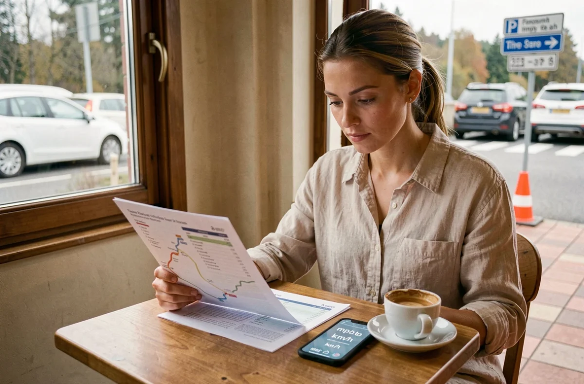Femme consultant une table de conversion mph vers km/h dans un café près d'un poste frontière européen