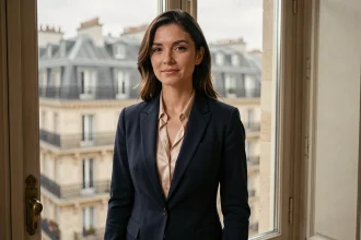 Femme élégante en tenue professionnelle devant un panorama parisien, illustration d'une personnalité publique liée à la vie politique française
