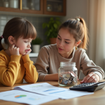Femme et enfant examinant des documents financiers à la maison