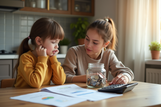 Femme et enfant examinant des documents financiers à la maison