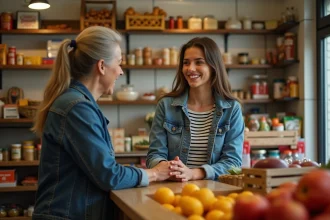 Jeune femme souriante dans une épicerie espagnole authentique
