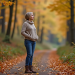 Femme contemplant les feuilles d'automne dans la forêt