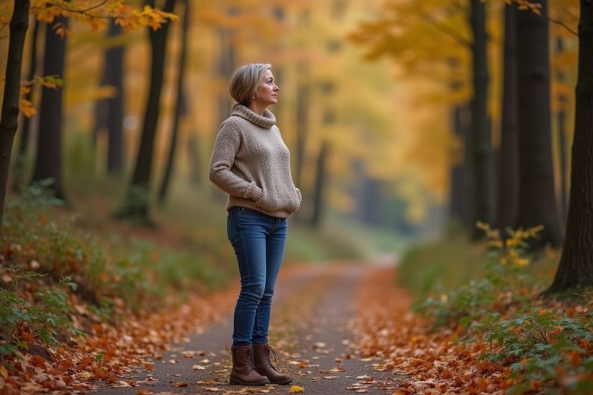 Femme contemplant les feuilles d'automne dans la forêt