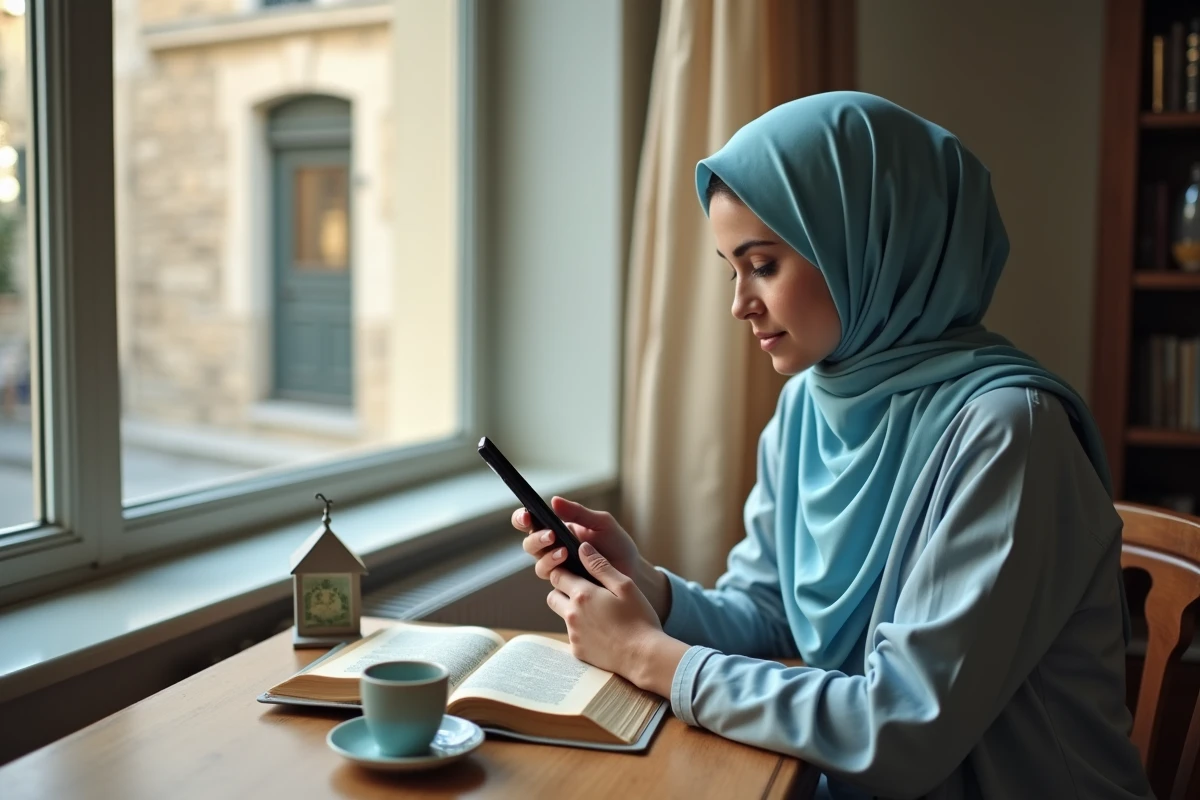 Jeune femme vérifiant les horaires de prière sur son téléphone à Nîmes
