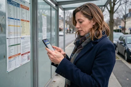 Femme consultant les horaires du bus 172 vers Paris sur son smartphone à un arrêt de bus en banlieue parisienne