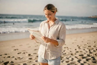 Femme consultant un horaire des marées sur la plage d'Anglet avec l'océan en arrière-plan