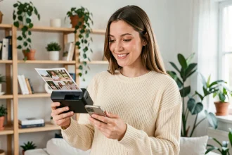 Jeune femme tenant une imprimante portable couleur et comparant une photo imprimée avec son smartphone dans un salon moderne