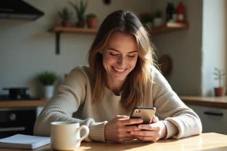 Femme concentrée jouant à un jeu de mots dans une cuisine chaleureuse