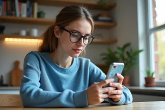 Jeune femme lisant un comic français sur son smartphone dans une cuisine moderne