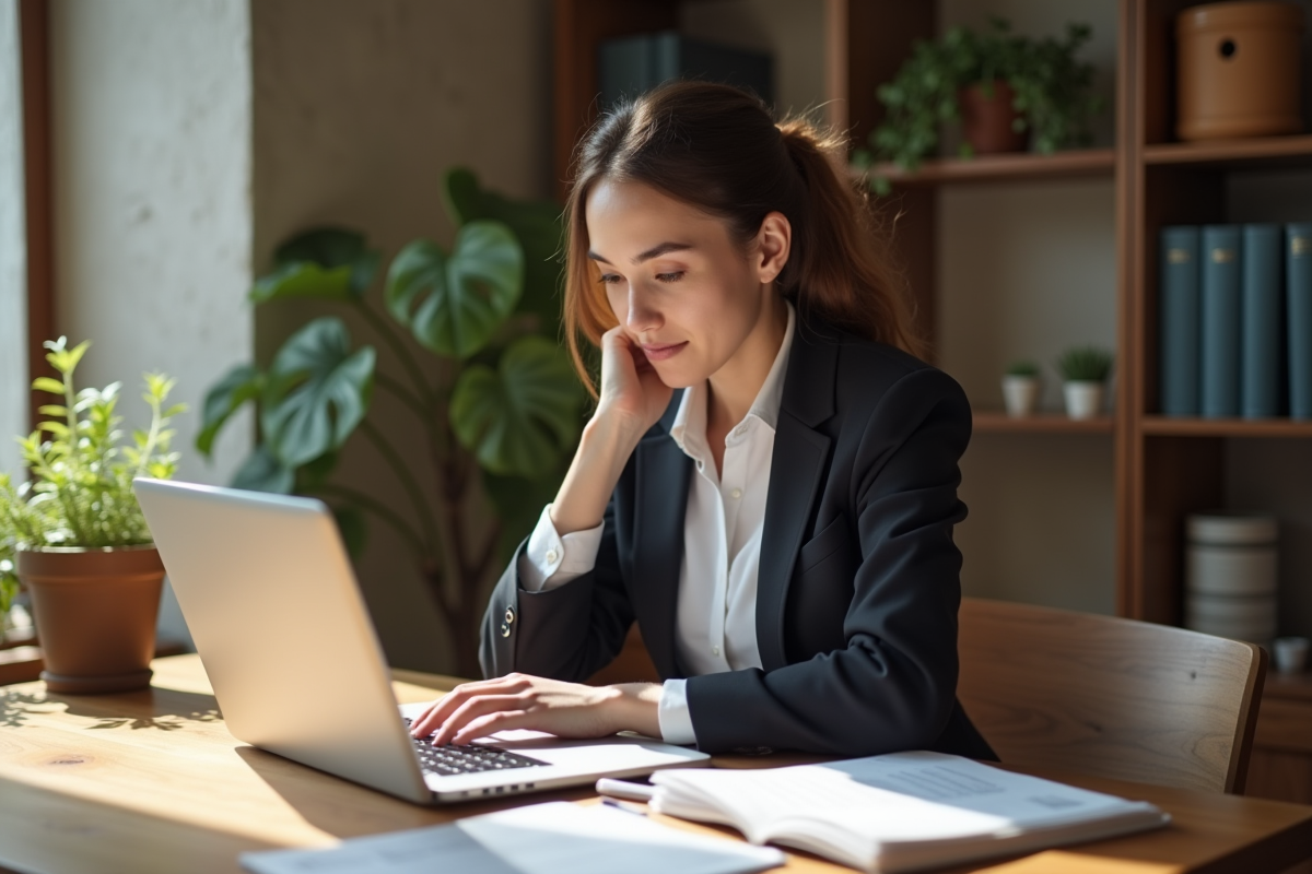 Jeune femme lisant des formulaires fiscaux à la maison