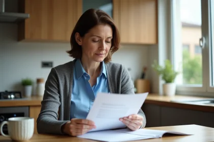 Femme d'âge moyen lisant des papiers dans sa cuisine