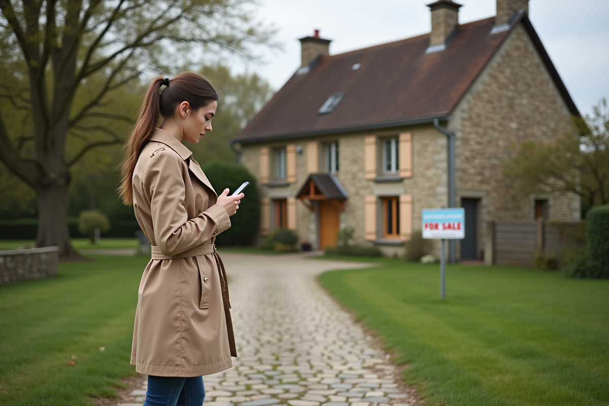 Femme regardant une maison de campagne avec un panneau en vente
