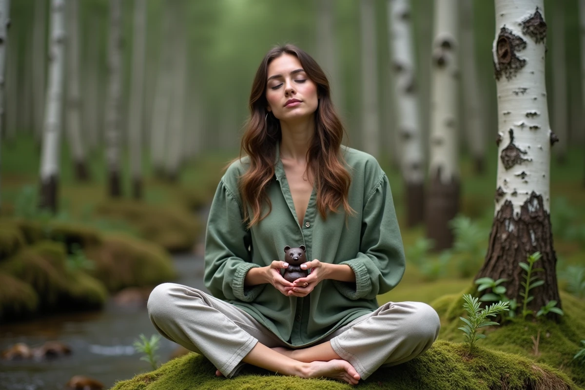 Femme en méditation dans une forêt de bouleaux tenant un totem ours en céramique, symbolisant la transformation spirituelle