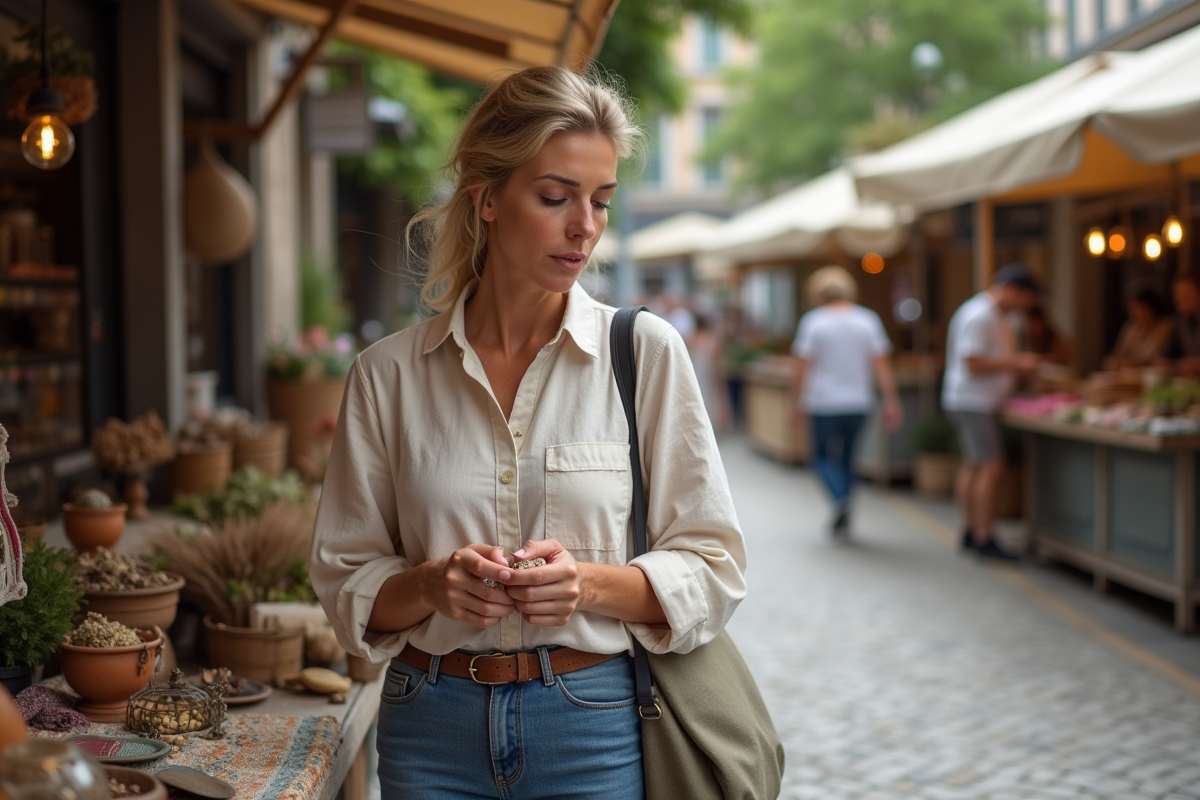 Femme examine objets recyclés dans un marché urbain
