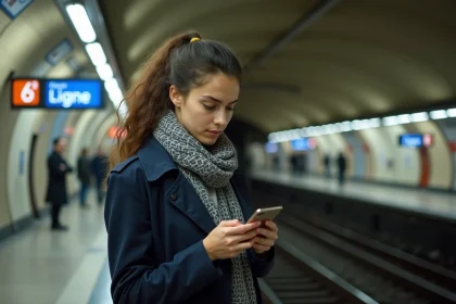Jeune femme dans le métro parisien regardant son smartphone