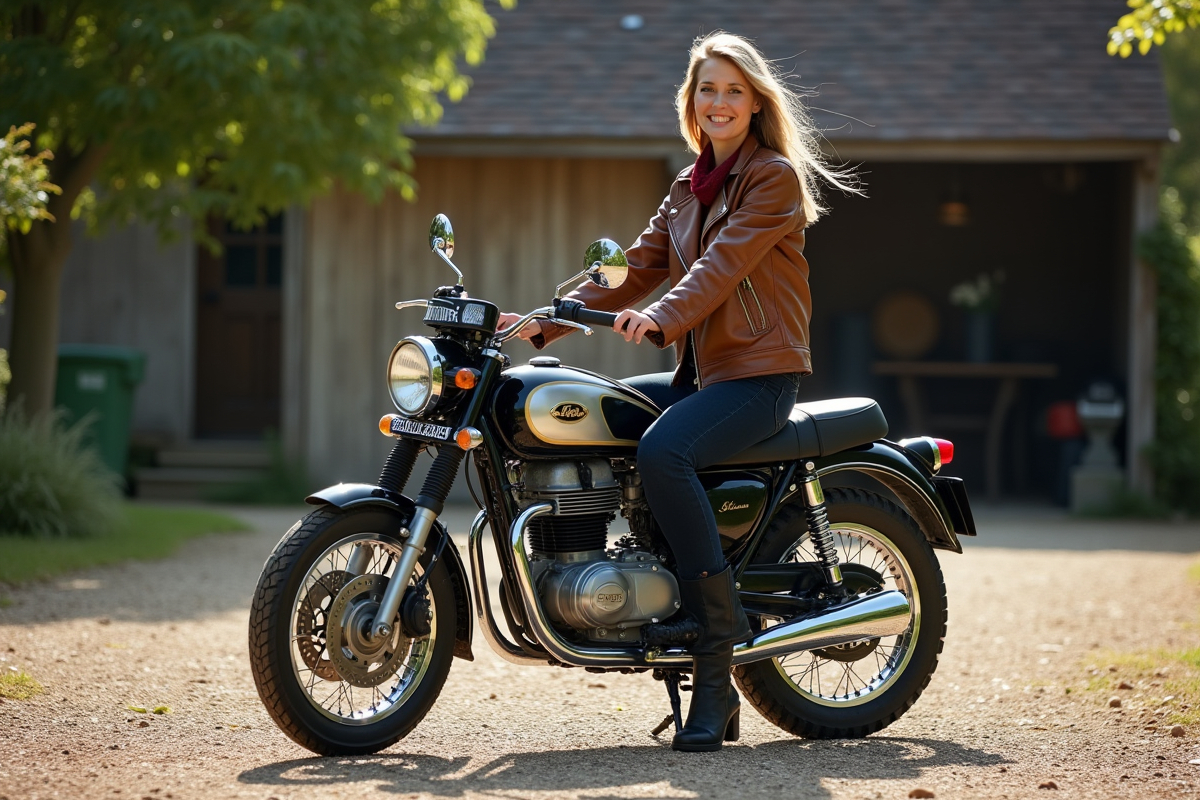 Femme en moto vintage dans un cadre rural paisible