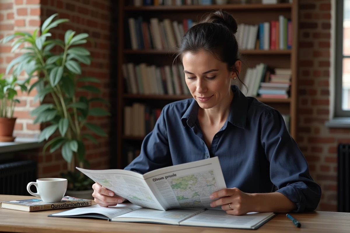 Femme concentrée résolvant des mots fléchés sur les villes de Serbie avec un guide touristique à côté