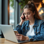 Jeune femme avec smartphone et ordinateur portable dans un café