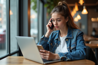 Jeune femme avec smartphone et ordinateur portable dans un café