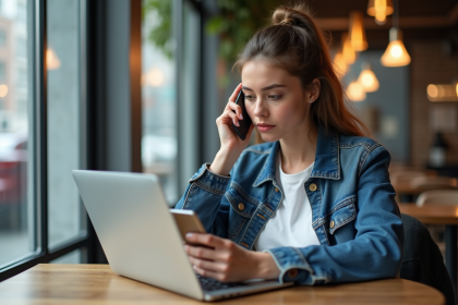 Jeune femme avec smartphone et ordinateur portable dans un café