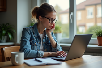 Jeune femme en denim compare deux ordinateurs portables