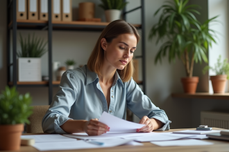 Femme concentrée examinant des documents financiers dans un bureau à domicile