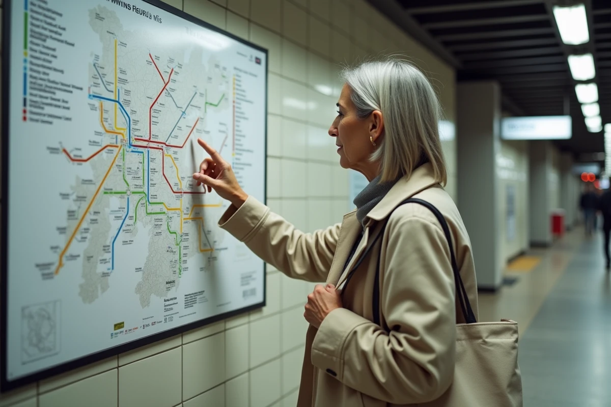 Femme consultant le plan du métro de Toulouse affiché en station, doigt pointé sur une ligne de correspondance