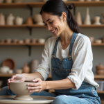 Jeune femme façonnant une coupe en argile sur un tour de potier
