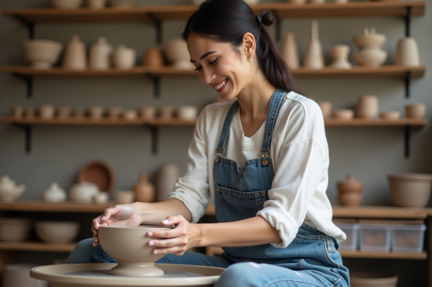 Jeune femme façonnant une coupe en argile sur un tour de potier
