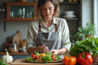 Femme préparant une salade colorée dans une cuisine moderne