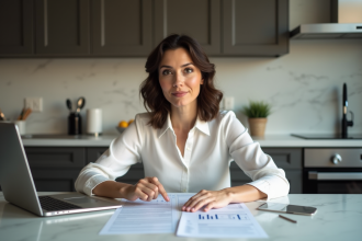 Femme d age moyen examine des papiers de prêt immobilier