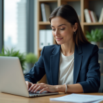 Femme professionnelle en blazer bleu regardant son ordinateur