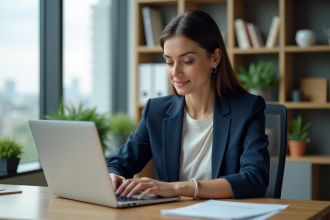 Femme professionnelle en blazer bleu regardant son ordinateur